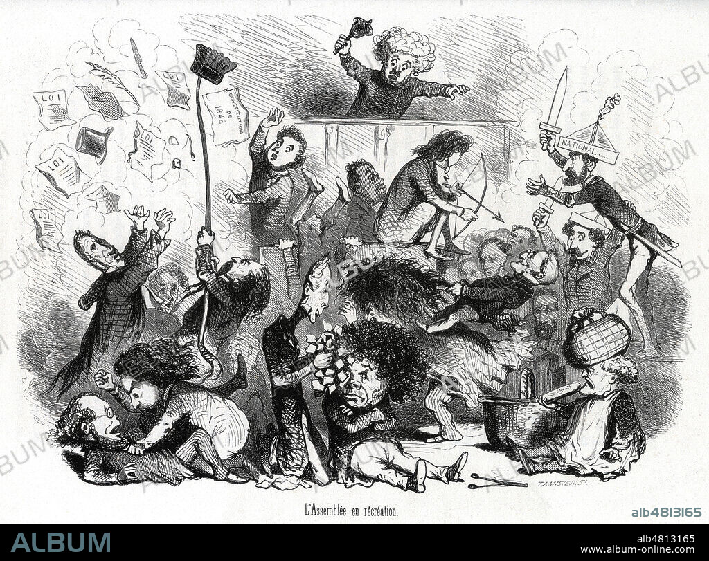 L'assemblee en recreation (avec de gauche a droite, du 1er plan au fond : PROUDHON, Felix PYAT, Alphonse de LAMARTINE, Adolphe CREMIEUX, Bernard SARRANS. Andre DUPIN, Victor CONSIDERANT, Pierre LEROUX, Adolphe THIERS, Christophe de LAMORICIERE, LEDRU-ROLLIN, Anthony TOURET, Jules FAVRE, CAVAIGNAC, Armand MARRAST. Caricature de 1850 par CHAM (1819-1879) pour Assemblée nationale comique par Auguste LIREUX (1810-1870). Credit : Collection Jonas/Kharbine-Tapabor.