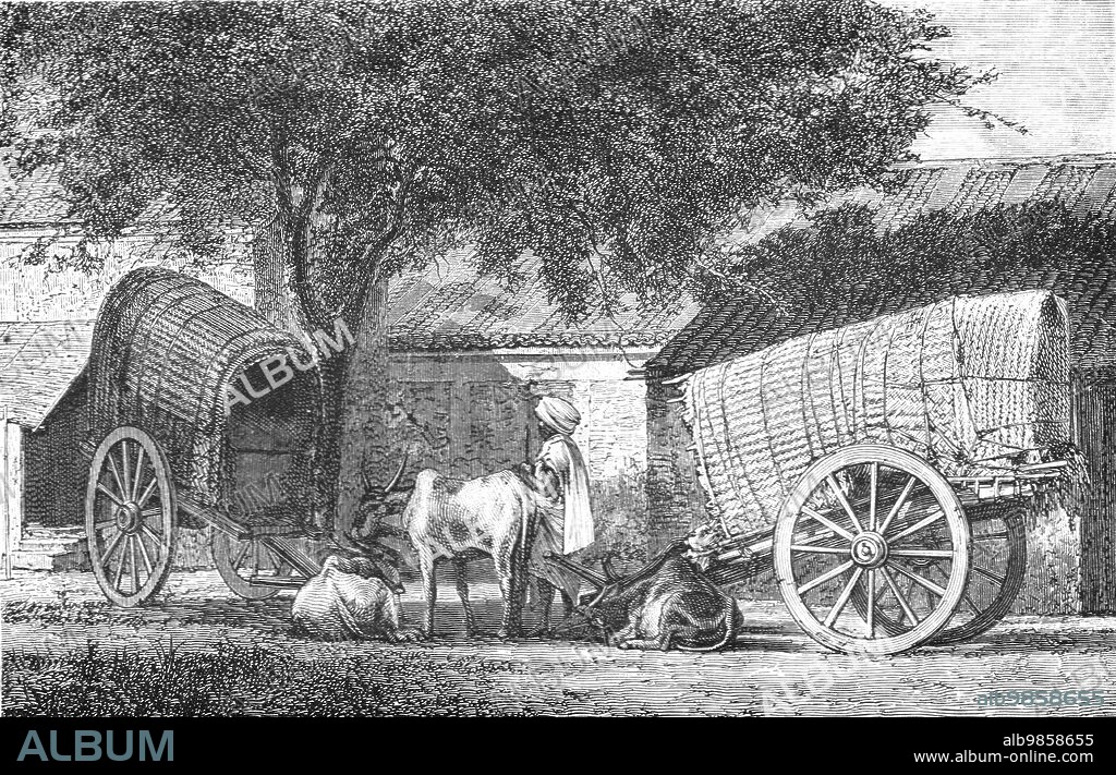 CHARLES HORNE. 'Hindoo Travelling Cars; Notes on the Indian Wolf, "Canis Pallipes."', 1875. From 'Illustrated Travels' by H.W. Bates. [Cassell, Petter, and Galpin, c1880, London] and Galpin.