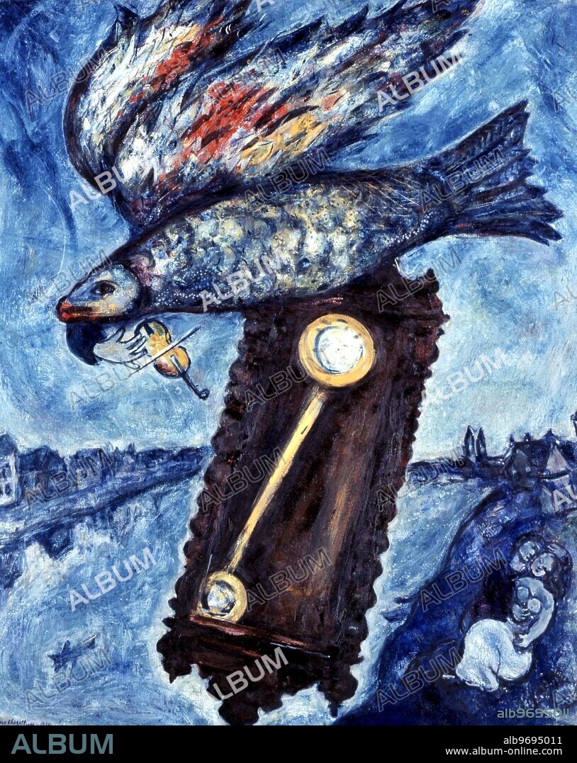 Time is a river without banks. Marc Chagall ) (July 7, 1887 - March 28, 1985) was a Jewish Belarussian-born French painter. Among the celebrated painters of the 20th century, he is often associated with the Surrealist movement. Fiddler: in Chagall's village Vitebsk the fiddler made music at crosspoints of life (birth, wedding, death). Herring (often also painted as a flying fish): commemorates Chagall's father working in a fish factory. Pendulum Clock: time, and modest life (in the time of prosecution at the Loire River the pendulum seems being driven with force into the wooden box of the pendulum clock). ©TopFoto.