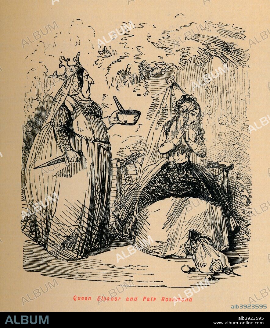 'Queen Eleanor and Fair Rosamond', c1860, (c1860). Queen Eleanor and Fair Rosamund is an English folktale that depicts the encounter of Eleanor of Aquitaine (1122-1204), wife of Henry II and his mistress Rosamund Clifford (c1150-c1176). Eleanor forces Rosamund to choose between a dagger and poison, Rosamund choses the poison and reportedly dies. From The Comic History of England, Volume I, by Gilbert A A'Beckett. [Bradbury, Agnew, & Co., London].