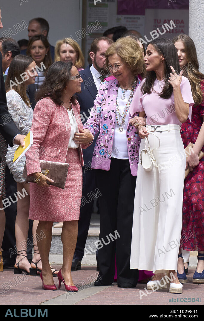 Queen Letizia of Spain, The former Queen Sofia, Paloma Rocasolano, Crown Princess Leonor, Princess Sofia leave after the confirmation of Princess Sofia at 'Asuncion de Nuestra Senora' church on May 25, 2023 in Aravaca, Madrid, Spain.