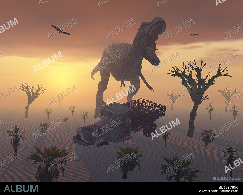 A T. Rex and a dilapidated 1930s style pickup truck. A strange combination, but the hot desert Sun can play tricks with the mind, unless of course what you are seeing is very real.