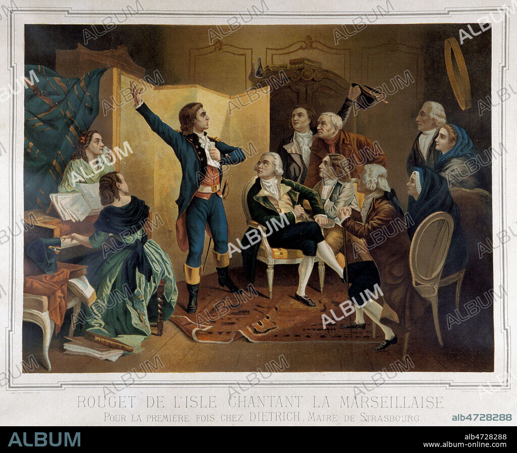 ROUGET DE LISLE chantant la Marseillaise, pour la premiere fois chez Dietrich, maire de Strasbourg. Lithographie vers 1880 d'apres le tableau de PILS. Credit: Collection Grob/KHARBINE-TAPABOR.