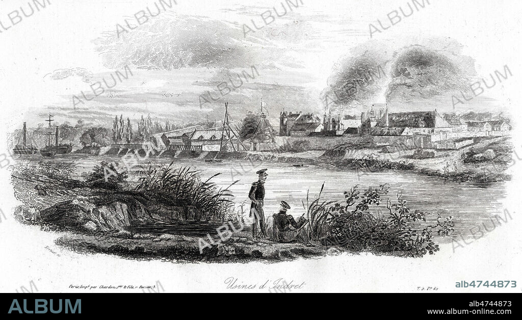 Les usines d'Indret. (Fonderie pour les canons de la Marine pres de Nantes). Illustration de 1852 par FORTIER pour La France maritime d'Amedee GREHAN (1812-1889). Credit : Coll. Jonas/KHARBINE-TAPABOR.