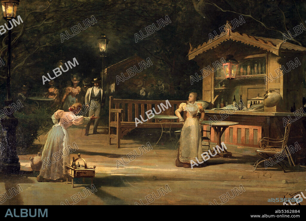 ANGEL LIZCANO. LIZCANO , ANGEL. PINTOR ESPAÑOL. " AGUA , AZUCARILLO Y AGUARDIENTE " , AÑO 1997. REPRESENTA UNA ESCENA DE LA ZARZUELA DEL MISMO NOMBRE. MUSICA DEL MAESTRO FEDERICO CHUECA. MUSEO MUNICIPAL . MADRID.