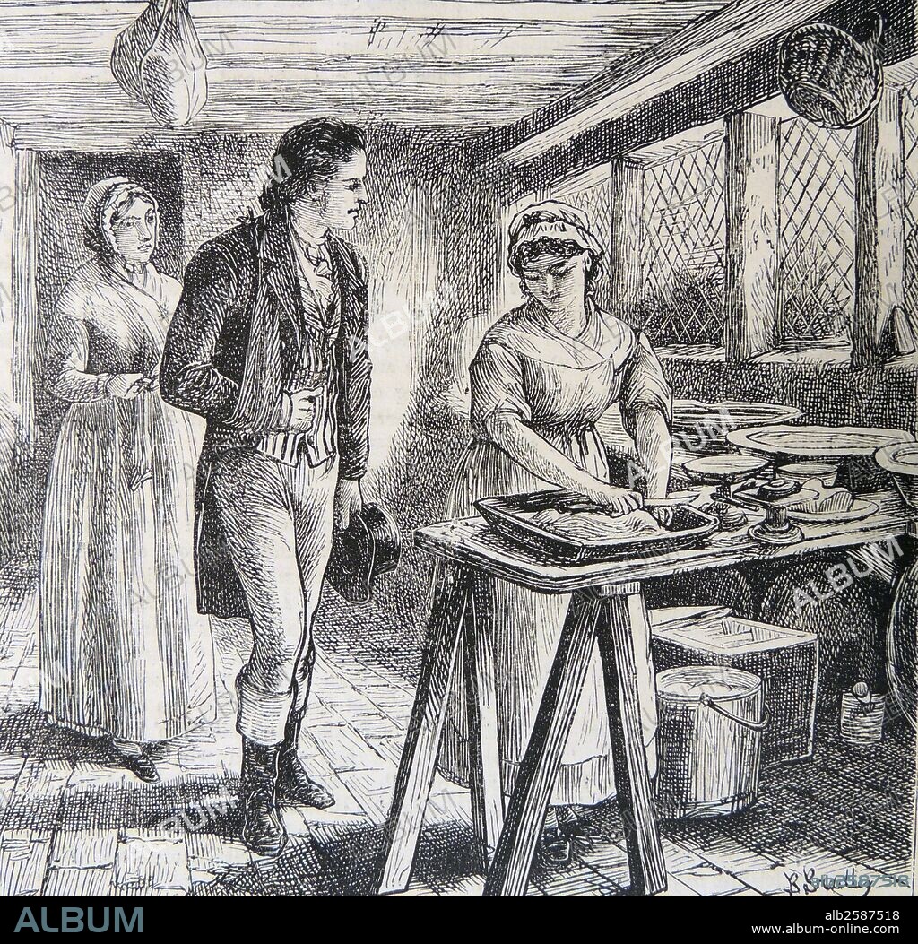 Hetty Sorrel, working in the dairy, visited by Captain Donnitorne, her seducer, while here aunt, Mrs Poyser looks on. Illustration by Basil Bradley (1842-1904) for ''Adam Bede'', George Eliot's (Mary Ann Evans) first novel, published 1859.  Photo by: .