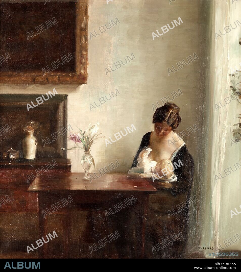 CARL HOLSØE. Interior with Mother and Child.