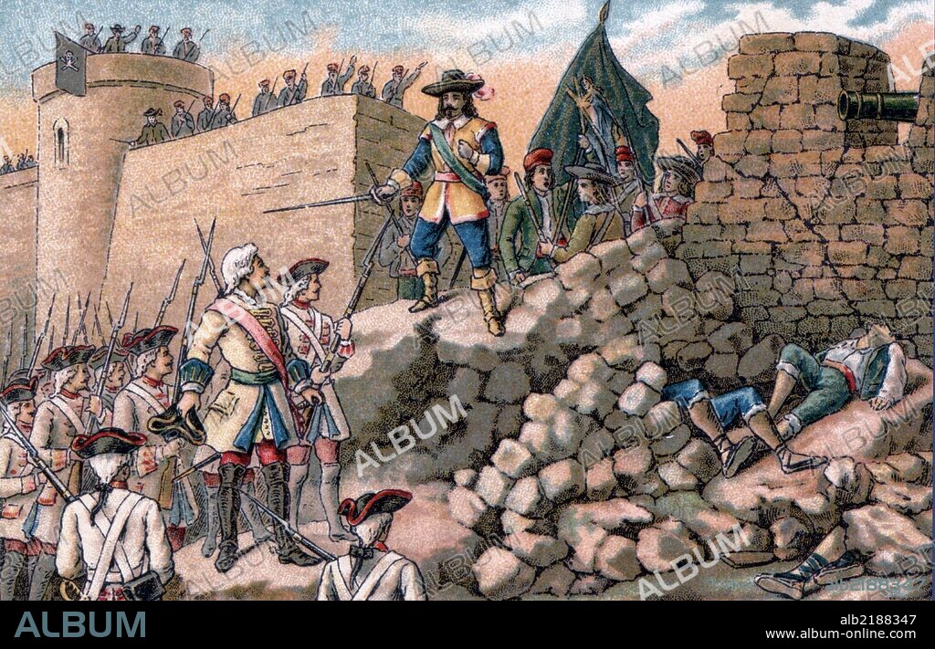 España. Catalunya. Guerra de Sucesión. El general Josep Bellver, desde lo alto de la muralla de Barcelona, negándose a capitular ante las tropas del ejército de Felipe V el 6 de septiembre de 1714.