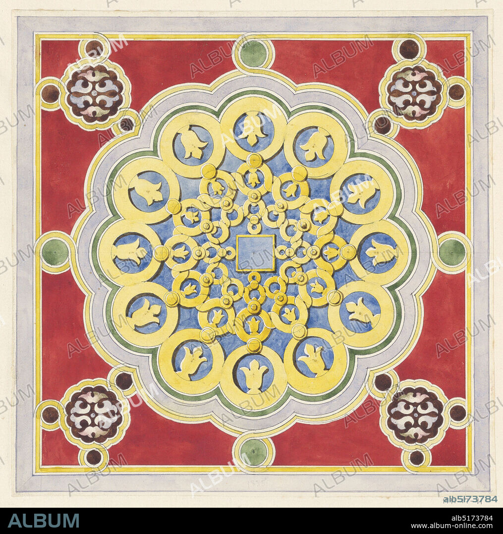 Design for Decorative Panel for July Festival Architecture, Félix-Jacques Duban, French, 1798 - 1870, Brush and watercolor, gouache, black wash, pen and black ink, graphite on cream paper mounted on cream laid paper, Design for a hexagonal column capital with red, blue, and gold, geometric Arabic-style ornament., 1835, architecture, Drawing, Drawing.
