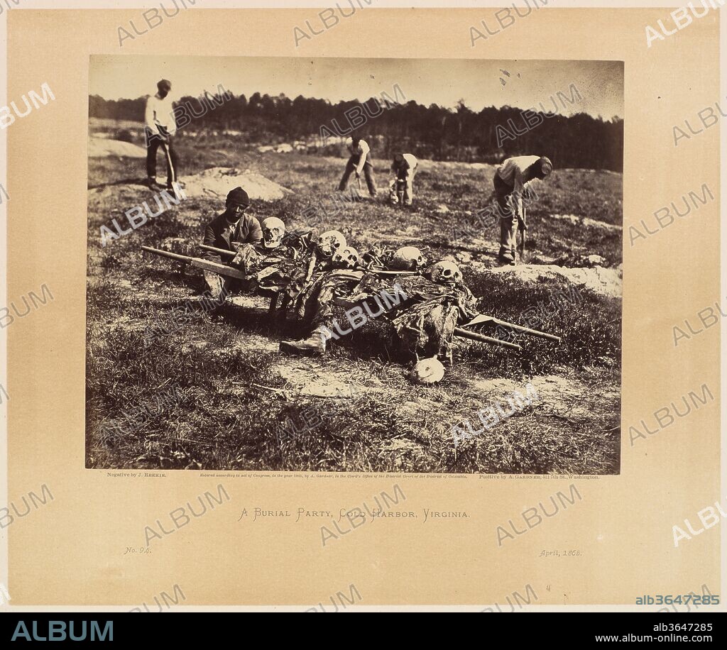 A Burial Party, Cold Harbor, Virginia. Artist: John Reekie (American, active 1860s). Dimensions: Image: 7 × 9 in. (17.8 × 22.9 cm)
Mount: 12 5/8 × 17 1/2 in. (32 × 44.4 cm). Date: April 1865.