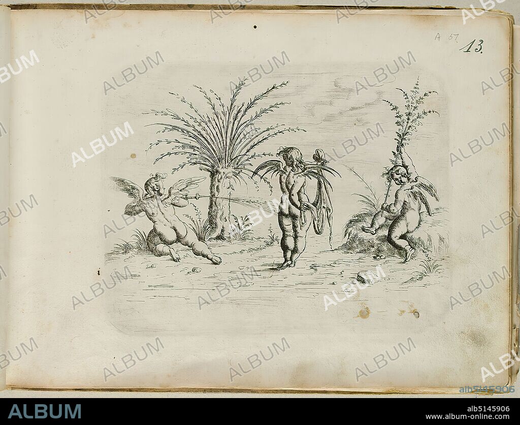 Christoph Jamnitzer, Playing three putti with water, leaf from the Neuw Grotteßken book, paper, etching, sheet size: height: 19.90 cm; width: 27.70 cm, prints, printed matter, cupids, putti, ornaments.