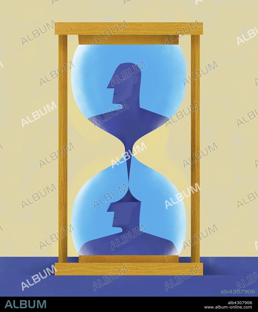 Man disintegrating and reforming inside hourglass.