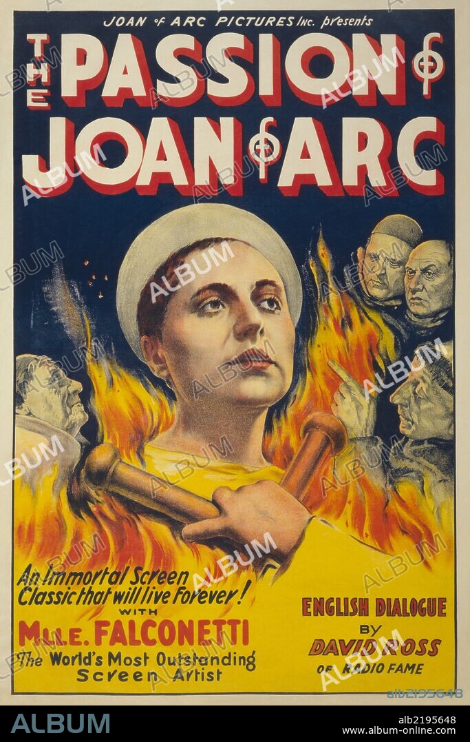A silent era film poster entitled "The Passion of Joan of Arc" showing Renée Maria Falconetti as Joan of Arc surround by flames.
