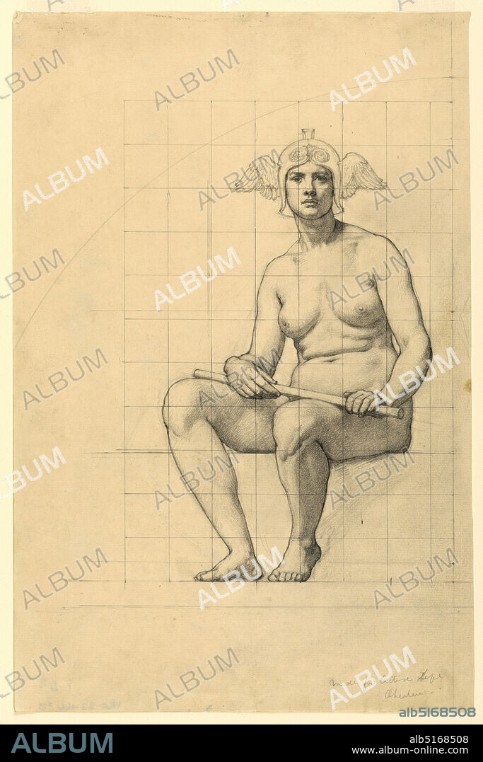 Nude Study for 'The Active Life,' Lunette in the Administration Building, Oberlin College, Oberlin, OH, Kenyon Cox, American, 18561919, Graphite on cream laid paper, Paper squared off. Nude woman seated, facing frontally, with knees turned slightly to the left. A rod in her hands, across her thighs, and a winged helmet on her head., USA, 1914, mural designs, Drawing, Drawing.
