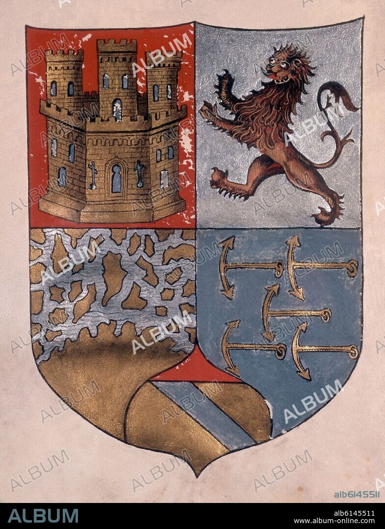 ESCUDO DE ARMAS DE CRISTOBAL COLON EN EL LIBRO DE PRIVILEGIOS O CODICE GENOVA - 1502.