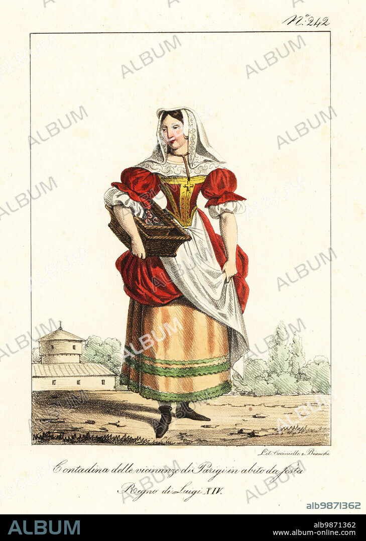 Parisian peasant in festival clothes, 17th century. In lace veil, scarlet gown with gold bodice, lace tucker, apron, embroidered petticoats, bootlets, with basket. Paysanne des environs de Paris, en habit de Fete. Regne de Louis XIV. Handcoloured lithograph by Lorenzo Bianchi and Domenico Cuciniello after Hippolyte Lecomte from Costumi civili e militari della monarchia francese dal 1200 al 1820, Naples, 1825. Italian edition of Lecomtes Civilian and military costumes of the French monarchy from 1200 to 1820.