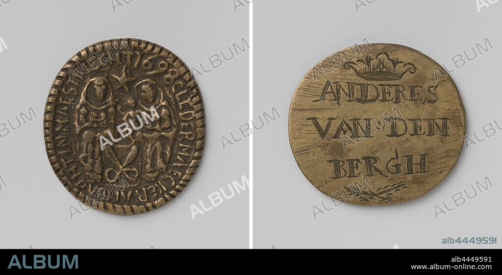 Cutter or tailor's guild from Maastricht, guild token from Anderes van den Bergh, Messing oval token. Front: St. Anna, Mary and Jesus, between them in a five-pointed star, shield at their feet with opened scissors inside the inscription. Reverse: inscription under crown above two crossed branches, Maastricht, Anderes van den Bergh, anonymous, 1698, brass (alloy), engraving, h 3.9 cm × w 3.6 cm × w 11.48 gr.