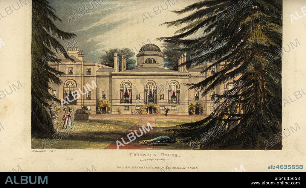 Chiswick House, Palladian villa designed by architect William Kent and built by Richard Boyle, 3rd Earl of Burlington. Garden front. Handcoloured copperplate engraving after an illustration by John Gendall from Rudolph Ackermanns Repository of Arts, London, 1823.