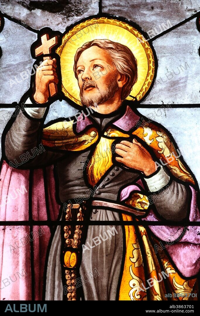 Saint Fargeau church. Stained glass window. Roman Catholic missionary St Francis Xavier. France.