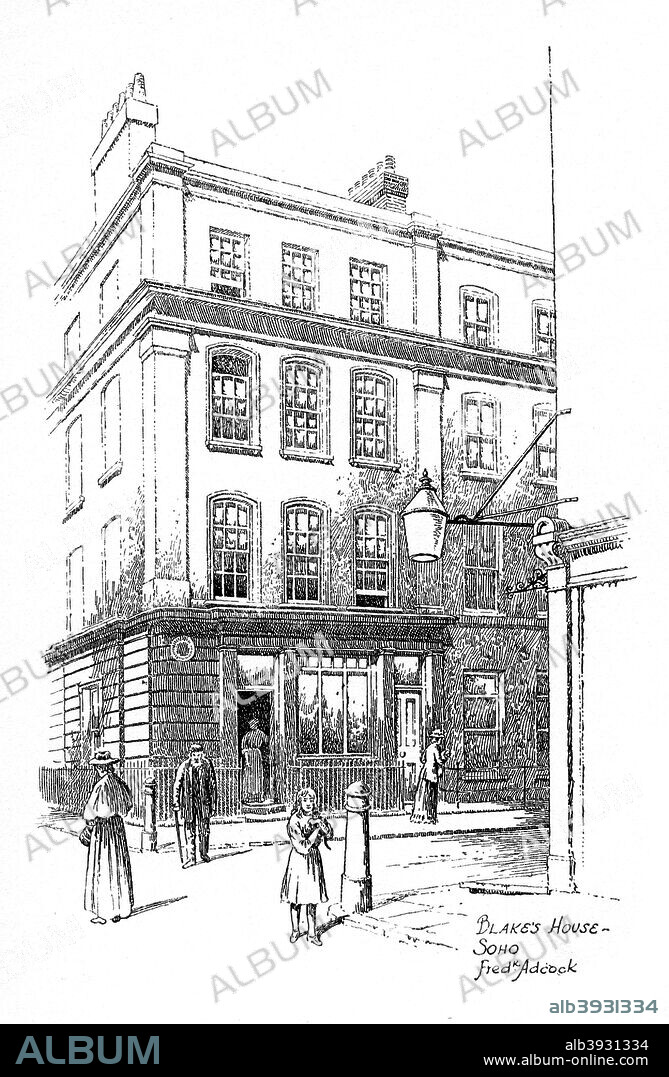William Blake's house, Soho, London, 1912. The birthplace of English poet, painter, and printmaker William Blake (1770-1845) at 28 Broad Street, Golden Square, Soho. Blake came to be regarded as one of the foremost figures of Romanticism. His best-known works include Jerusalem (1804-1820) and The Four Zoas (1795-1804). Trained at the Royal Academy as an engraver, he devised an innovative technique for producing coloured engravings. Illustration from Famous Houses and Literary Shrines of London, by John Adcock, (J M Dent and Sons, London, New York, 1912).