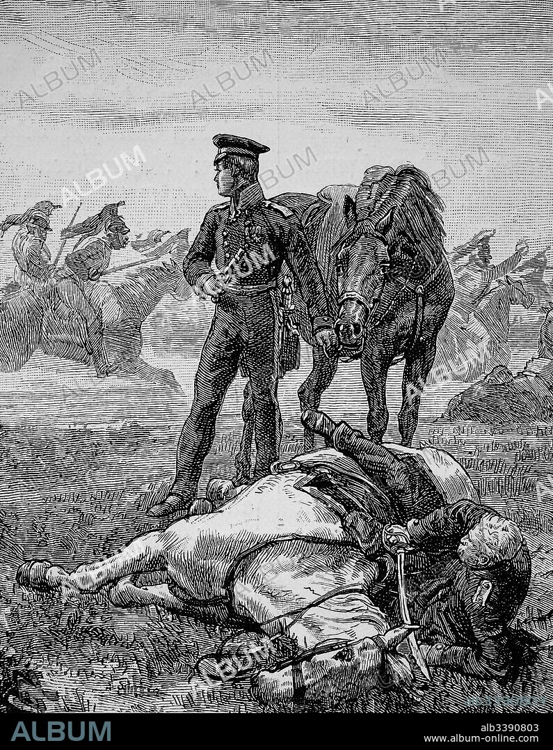 Gebhard Leberecht von Bluecher, Prince of Wahlstatt, 16 December 1742 12 September 1819, Count, later elevated to Prince of Wahlstatt, was a Prussian field marshal. Here his fall from his horse at the Battle of Ligny, Historical, digitally restored reproduction of an original from the 19th century.