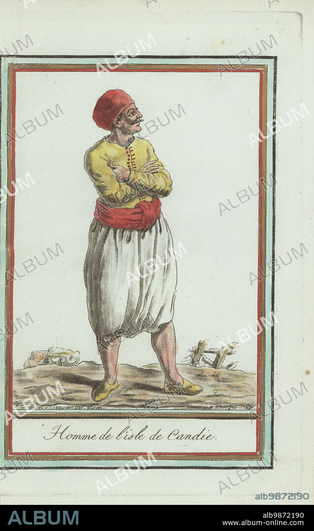 Man of the Kingdom of Candia, Ottoman Empire. In turban, short coat, sash belt, harem pants and slippers. Now the Greek island of Crete. Homme de l'isle de Candie. Handcoloured copperplate engraving by J. Laroque after a design by Jacques Grasset de Saint-Sauveur from his Encyclopedie des voyages, Encyclopedia of Voyages, Bordeaux, France, 1792.
