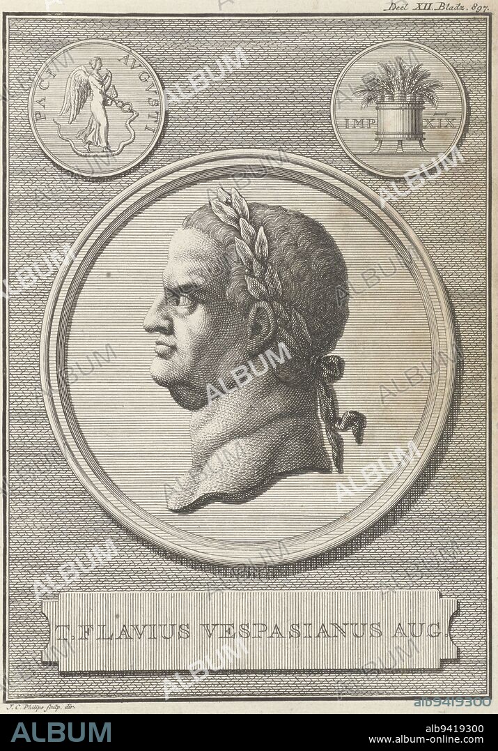 Portrait of Emperor Vespasian, Jan Caspar Philips, 1746, Medal with the portrait of Titus Flavius Vespasian, Roman Emperor. In the upper corners Roman coins., print maker: Jan Caspar Philips, (mentioned on object), Jan Caspar Philips, (mentioned on object), Amsterdam, 1746, paper, engraving, h 185 mm × w 133 mm.