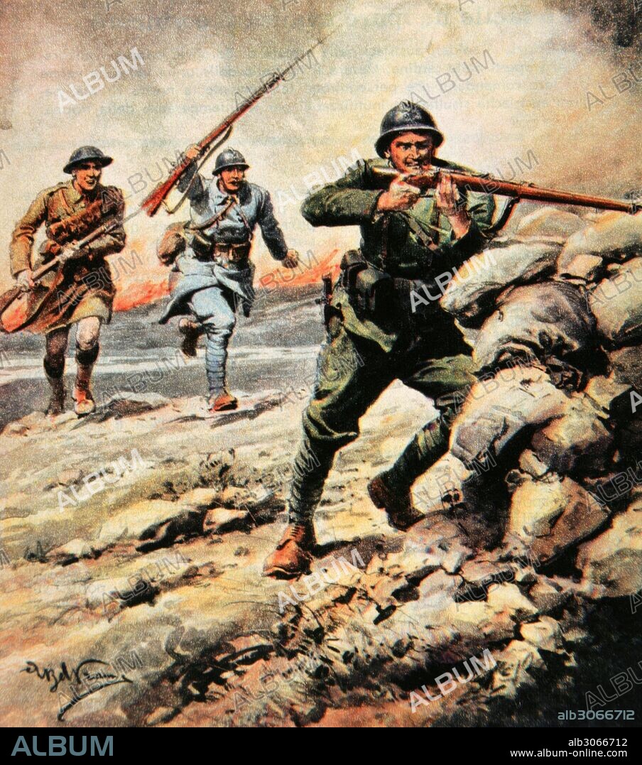 PRIMERA GUERRA MUNDIAL (1914-1918). Llegan los refuerzos de los aliados. Dibujo por A. Beltrame. "La Domenica del Corriere", 1916.