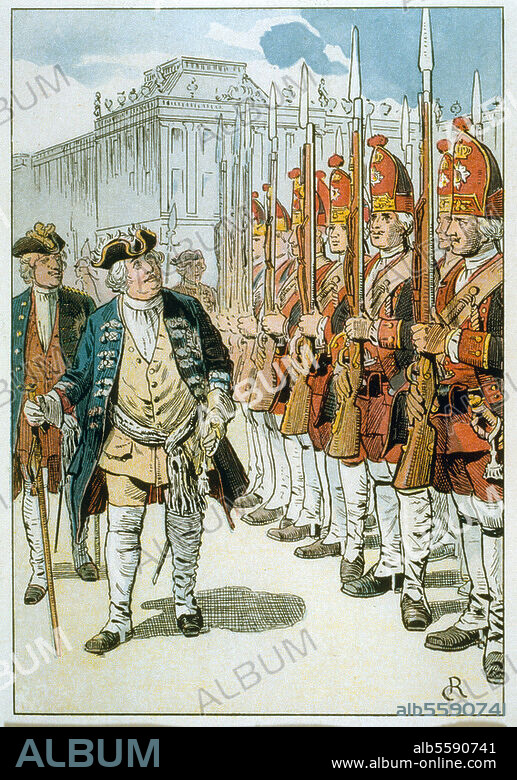 CARL RÖHLING. Friedrich Wilhelm I., König von Preußen (1713-40); 1688-1740. Der Soldatenkönig vor seinen "Langen Kerls" in Potsdam. Farbdruck von Carl Röhling, um 1900.