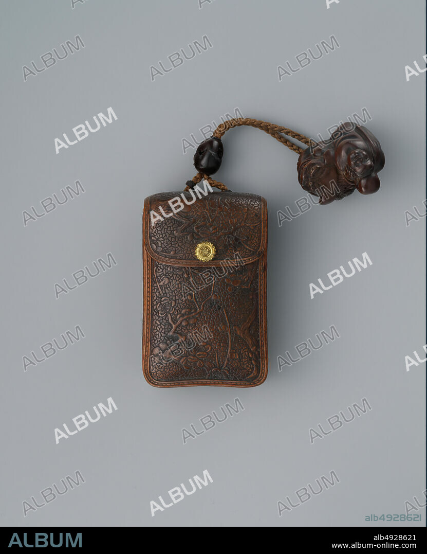 Attributed to Matsuda Sukenaga, Inr in the Shape of a Tobacco Case (tabako-ire) with Flowering Plum, Japan, Edo period (16151868), Attributed to Matsuda Sukenaga (Japanese, 18001871), earlymid 19th century, Japan, Lacquer, carved wood imitating leather, gold metal clasp; Interior: plain, H. 3 1/16 in. (7.7 cm); W. 1 15/16 in. (5 cm); D. 1 1/8 in. (2.8 cm), Inr.