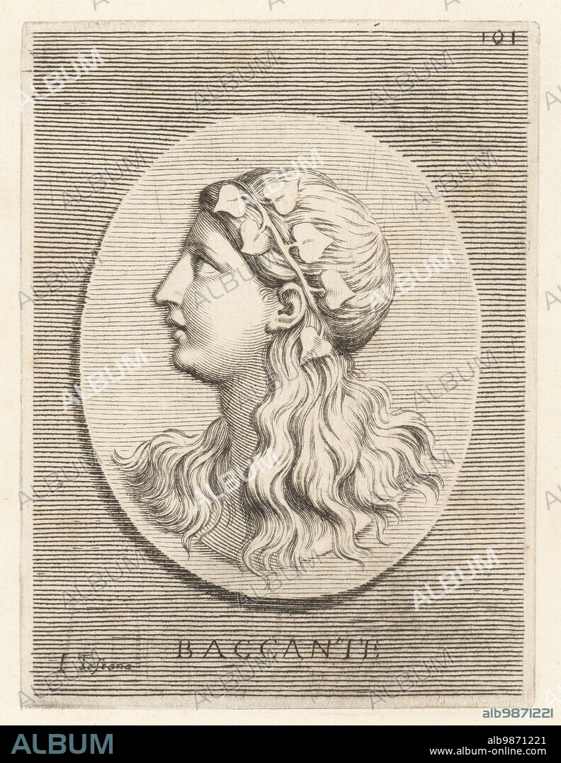 One of the Bacchantes or Bacchae. The mother of Dionysus Semele and her sisters Autonoe, Agave and Ino. Or a follower of Bacchus, Roman god of wine and grapes, wearing ivy leaves in her long hair. From a carnelian gem. Baccante. Copperplate engraving by Joseph Testana after Giovanni Angelo Canini from Iconografia, cioe disegni d'imagini de famosissimi monarchi, regi, filososi, poeti ed oratori dell' Antichita, Drawings of images of famous monarchs, kings, philosophers, poets and orators of Antiquity, Ignatio deLazari, Rome, 1699.