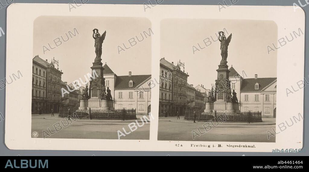View of the Siegesdenkmal in Freiburg im Breisgau Freiburg i. B. Siegesdenkmal (title on object), monument, statue, village square, place, Siegesdenkmal, Neue Photographische Gesellschaft (mentioned on object), Freiburg im Breisgau, c. 1900 - c. 1910, cardboard, photographic paper, gelatin silver print, h 88 mm × w 179 mm.