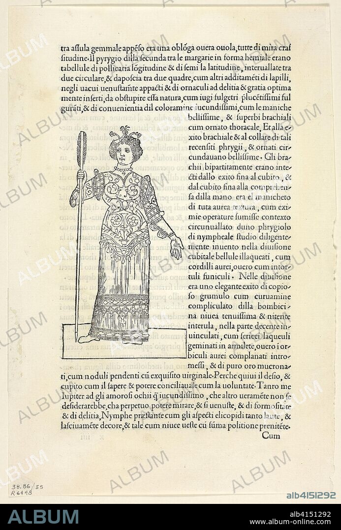 UNKNOWN ITALIAN. A Nymph from Hypnerotomachia Poliphili (The Strife of Love in a Dream), Plate 55 from Woodcuts from Books of the 15th Century. Unknown Artist (Venice, late 15th century); printed by Aldus Manutius (Italian, 1449-1515); commissioned by Leonardo Crasso (Italian, active c. 1499-1509); original text by Francesco Colonna (Italian, 1433/34-1527); portfolio text by Wilhelm Ludwig Schreiber (German, 1855-1932). Date: 1499. Dimensions: 134 x 71 mm (image); 281 x 188 mm (sheet). Woodcut in black, and letterpress in black (recto and verso), on cream laid paper, tipped onto cream wove paper mat. Origin: Italy.