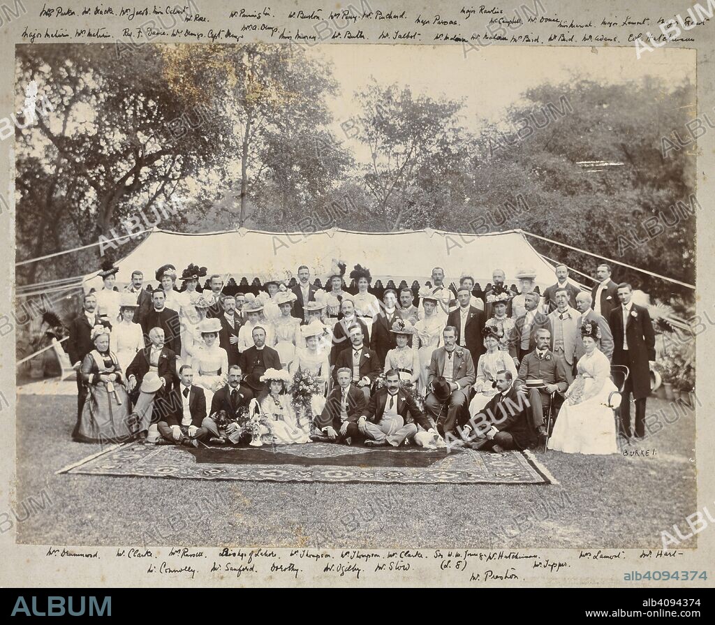JOHN BURKE. A group portrait at the wedding of Sir John Thompson, ICS, to Miss Ada Lucia Tyrrell. A large group of guests in front of a marquee. Clarke Collection: 'Chamba photographs. Presented by His Highness Sham Singh, Raja of Chamba'. 1901. Photograph. Source: Photo 813/(49). Language: English.
