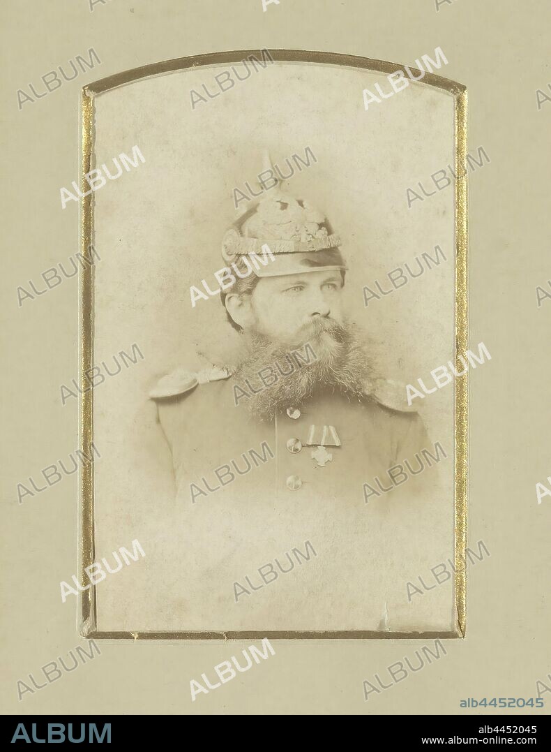 Portrait of a German soldier with pointed helmet (Pickelhaube), Part of Album with cartes-de-visite and cabinet photos of soldiers in uniform., Warfare, military affairs, division of armed forces, (military) uniforms, helmet, beard, Germany, L. Haase und Comp., in or after 1864 - 1900, cardboard, paper, photographic paper, albumen print, h 101 mm Ã— w 62 mm.
