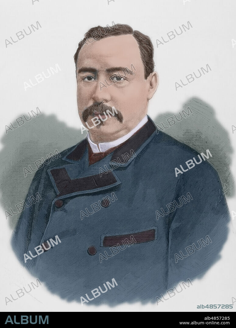 FÉLIX BADILLO (1848-1895). SPANISH ILLUSTRATOR. ARTURO CARRETERO (CA. 1852-1903). SPANISH ENGRAVER.. Rafael Zaldívar (1834-1903). President of El Salvador from 1 May 1876 to 6 April 1884, and from 21 August 1884 to 14 May 1885. Portrait. Drawing by Badillo. Engraving by Arturo Carretero (1852-1903). Later colouration. The Spanish and American Illustration (La Ilustración Española y Americana), 1884.