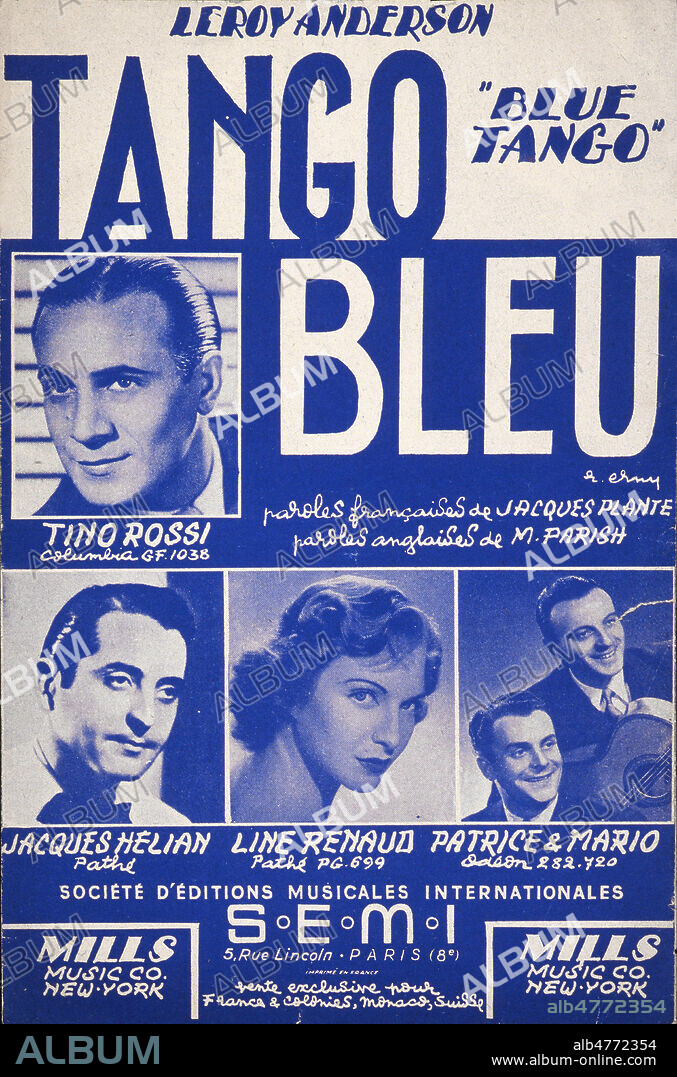 'Tango bleu (blue tango)' : chanson de Tino ROSSI (1907-1983). Couverture de partition vers 1938. Illustration par ERNY. Credit : Collection KHARBINE-TAPABOR.