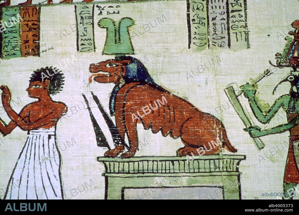 Image of the Egyptian deity Ammit at the weighing of the heart, from the papyrus of Keb 'Asher (a Book of the Dead), from the British Museum's collection.