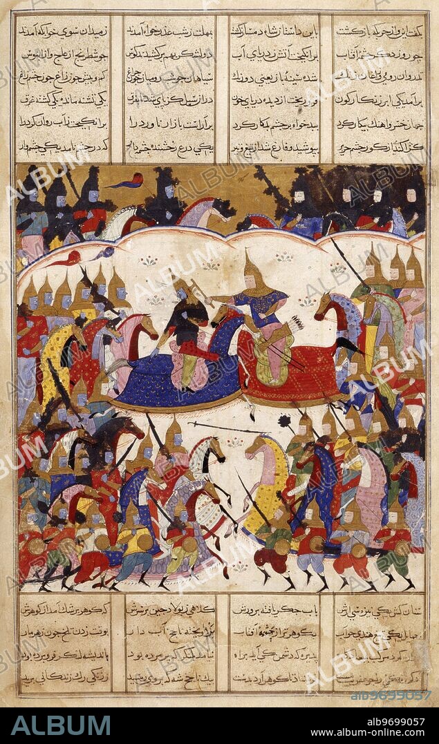 Iskandar fights the Zangis, 1531-1532. A miniature painting from a sixteenth century manuscript of the Sharafnama, the first part of Nizami's Iskandarnama, a poem on the Alexander Romance.