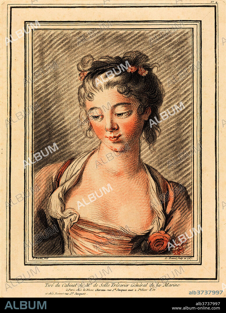 LOUIS-MARIN BONNET AFTER FRANçOIS BOUCHER. Bust of a Young Woman Looking Down. Dated: 1773 or later. Dimensions: plate: 30.9 x 23.2 cm (12 3/16 x 9 1/8 in.)  overall (2nd framing line): 23.5 x 16.6 cm (9 1/4 x 6 9/16 in.). Medium: chalk manner printed in black and red on laid paper.
