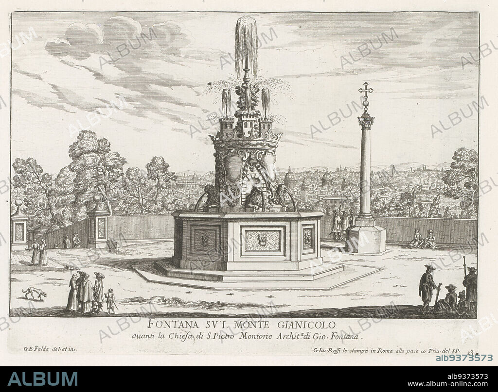 Fountain in Piazza San Pietro in Montorio on the Janiculumberg hill in Rome, Fontana sul Monte Gianicolo (title on object), Fontane di Roma (series title), Fountains of Rome (series title), Numbered lower right: 13. The print is part of an album., print maker: Giovanni Battista Falda (mentioned on object), Giovanni Battista Falda (mentioned on object), print maker: Italy, Italy, publisher: Rome, Vaticaanstad, 1653 - 1691, paper, etching, height 213 mm × width 288 mm.