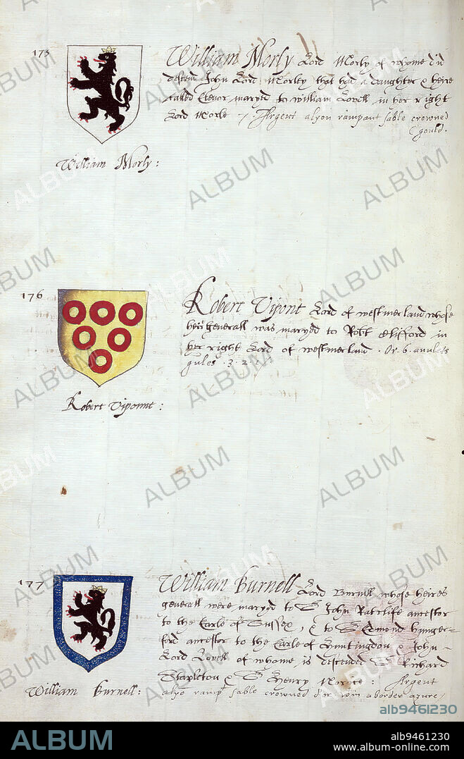 Book of English heraldry, Arms of William Morly, Robert Vipont, and William Burnell, This book of English heraldry was completed ca. 1589. The manuscript belonged to the Spencer family, as known through inscriptions on the first few flyleaves, including the motto 'Dieu defende Le Droit' (God defends the right). This motto has long been associated with the Spencer family of England, which is the family line of Princess Diana, as well as the Spencers who were among the founders of Virginia. The Spencer family's heraldry is included in the manuscript, along with the coats of arms of numerous prominent British families, including the Hasting, Gray, Beuford, and Percye families.