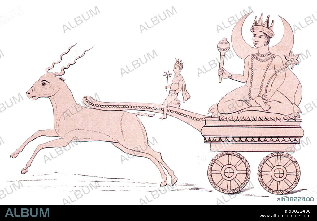 Soma rides a chariot drawn by an antelope. Soma is a very difficult deity for many outside of India to comprehend. He works on numerous levels, all of which are tied together rather strangely. Soma is firstly a plant. He is also an intoxicating drink which was brewed from that plant. As the blood of animals and the sap of plants, Soma courses through all living things. He is Inspiration to those who seek it, and so is the god of poets. He is also the god of the moon. He is the dwelling place of the venerated dead, as well as the divine cure for evil. The ancient Hindus did not differentiate between these divergent aspects; all were the god Soma. Soma was one of the more important gods in the Rig Veda; 120 hymns and one entire book are dedicated to him. He has many different forms. He is seen as a celestial bull, a bird, a giant rising from the waters, the lord of plants, and as an embryo. He rarely is seen as a fully grown human.