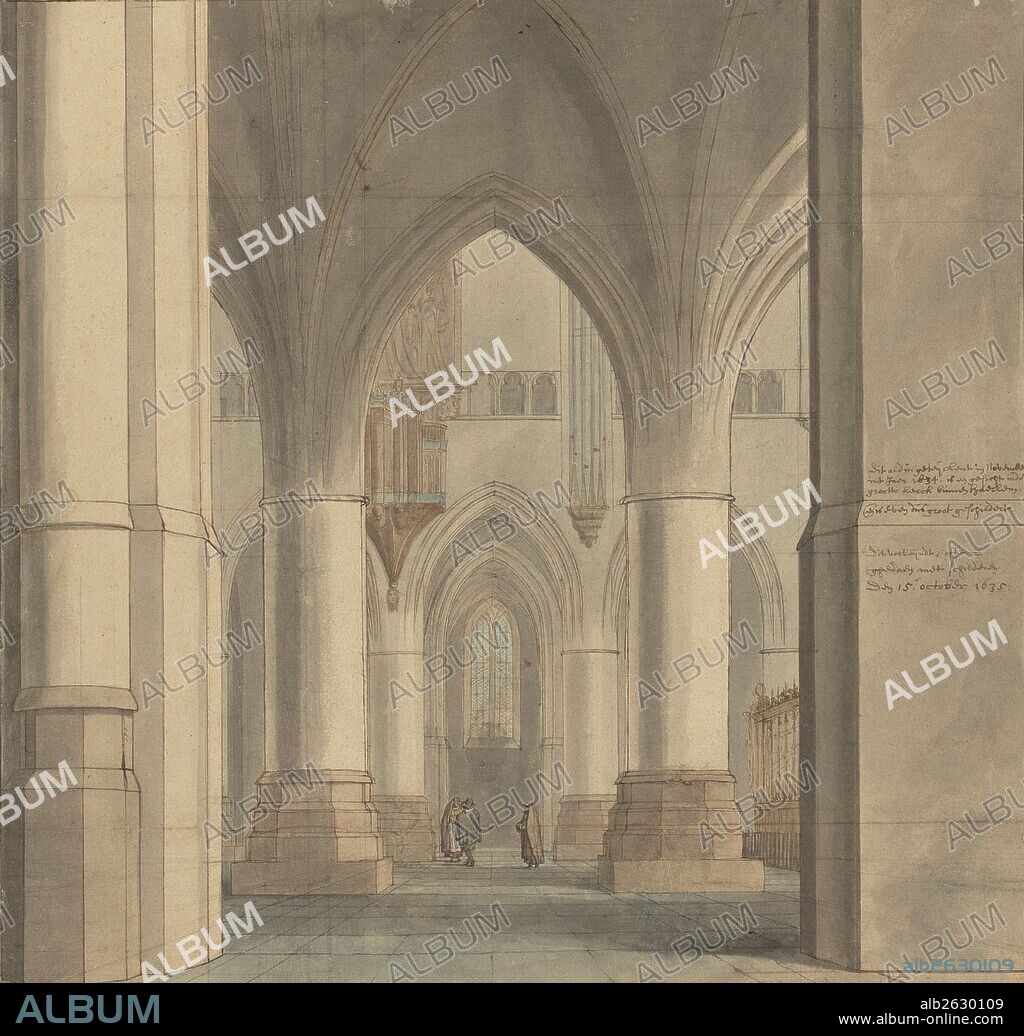 The Choir and North Ambulatory of the Church of Saint Bavo, Haarlem; Pieter Jansz. Saenredam, Dutch, 1597 - 1665; Netherlands, Europe; November 1634; Red chalk, graphite, pen and brown ink, and watercolor, incised for transfer (recto); Rubbed with black chalk for transfer (verso); 37.6 x 39.2 cm (14 13/16 x 15 7/16 in.).