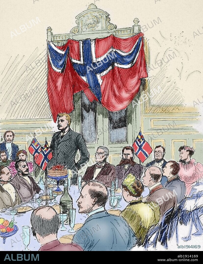Fridtjof Nansen (1861-1930). Norwegian explorer, scientist, diplomat, humanitarian and Nobel Peace Prize laureate in 1922. Banquet in his honour at Britannia hotel in Trondhjem. Sketch of Mr. Forestier in "The Artistic Illustration", 1896. Colored engraving.
