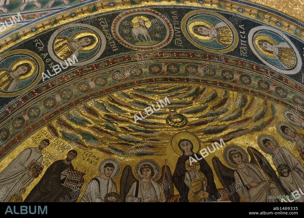 BYZANTINE ART. CROATIA. Euphrasian Basilica. Byzantine church built in the sixth century. Mosaic with Virgin and child flanked by angels and Bishop Euphrasius (left) holding the model of the church. World Heritage Site by UNESCO in 1997. POREC. Istrian Peninsula.