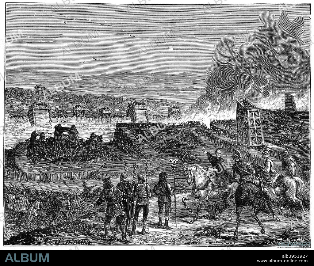 Julius Caesar laying siege to Alesia, Gaul, 52 BC (1882-1884). The Gallic chieftain Vercingetorix was chosen as king by the Arverni, a powerful tribe that occupied what is now the Auvergne. In 52 BC he led the Arverni against Roman rule but was ultimately defeated and captured by Julius Caesar at Alesia (near Dijon). Vercingetorix was then taken to Rome, where, after five years imprisonment, he was humiliated by being paraded as evidence of Rome's greatness, and was then put to death. A print from La France et les Français à Travers les Siècles, Volume I, F Roy editor, Saint-Antoine, 1882-1884.