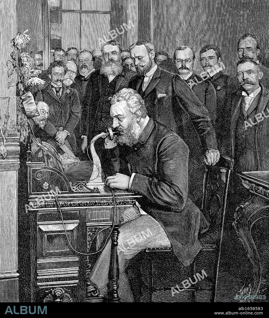 Alexander Graham Bell (1847-1922) Scottish-born American inventor: patented telephone 1876: Bell inaugurating 1520 km telephone link between New York and Chicago, 18 October 1892. Engraving published Paris 1892.