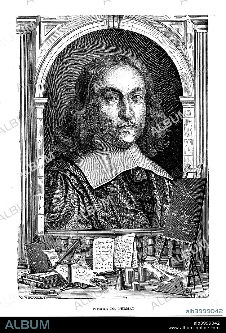 Pierre de Fermat, 17th century French mathematician, 1870. Fermat's (1601-1665) contributions to mathematics include the founding of analytic geometry, the calculus of probabilities and modern arithmetic. He is probably best remembered for the theorem, known as Fermat's last theorem, which baffled mathematicians for three centuries until finaly proved in 1995. From Vies des Savants Ilustres by Louis Figuier. (Paris, 1870).