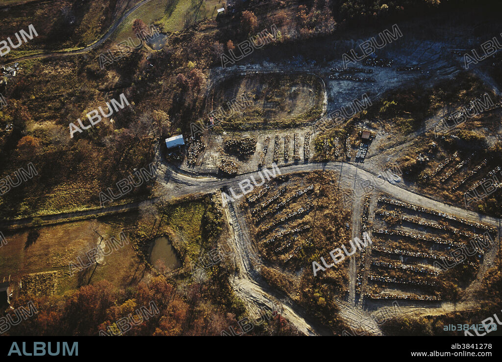 Aerial view of the Valley of the Drums, a 23-acre toxic waste site in northern Bullitt County, Kentucky (near Louisville). The site contains thousands of drums of hazardous waste which threaten the surrounding environment.